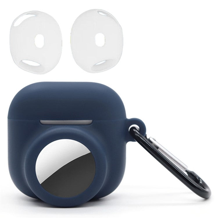 Silicone Case Combo Set for Apple AirPods 4 / AirTag Cover with 2Pcs Earphone Cap and Carabiner - Dark Blue
