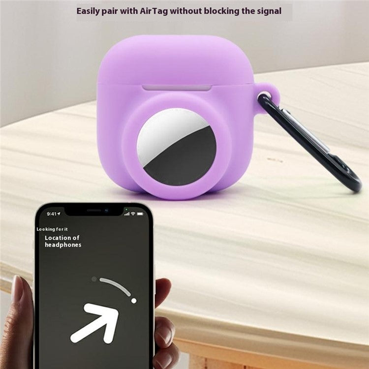 Silicone Case Combo Set for Apple AirPods 4 / AirTag Cover with 2Pcs Earphone Cap and Carabiner - Dark Blue