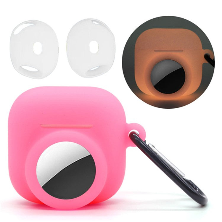 Silicone Case Combo Set for Apple AirPods 4 / AirTag Cover with 2Pcs Earphone Cap and Carabiner - Luminous Pink