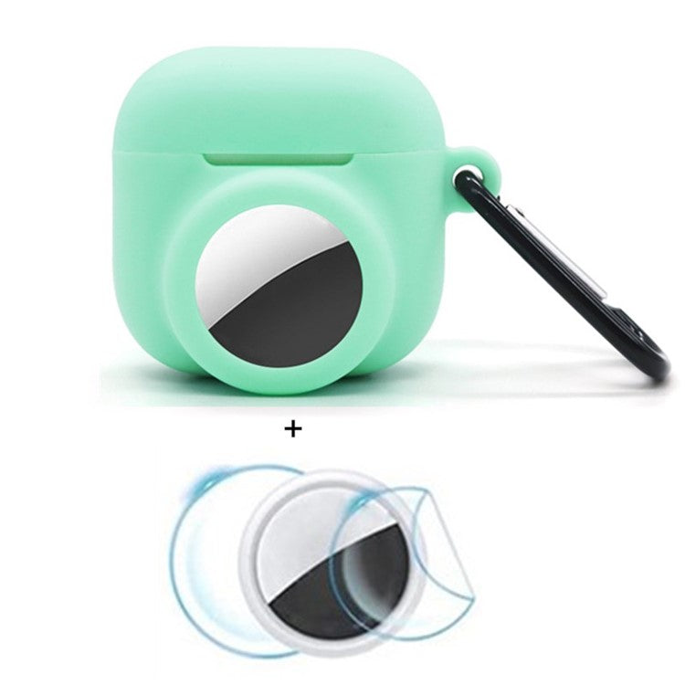 For Apple AirPods 4 / AirTag Silicone Case Earphone Tracker Cover with Carabiner, with Front Back Film Set - Mint Green