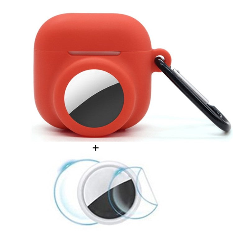 For Apple AirPods 4 / AirTag Silicone Case Earphone Tracker Cover with Carabiner, with Front Back Film Set - Red