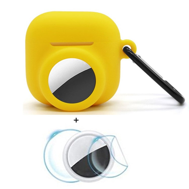 For Apple AirPods 4 / AirTag Silicone Case Earphone Tracker Cover with Carabiner, with Front Back Film Set - Yellow