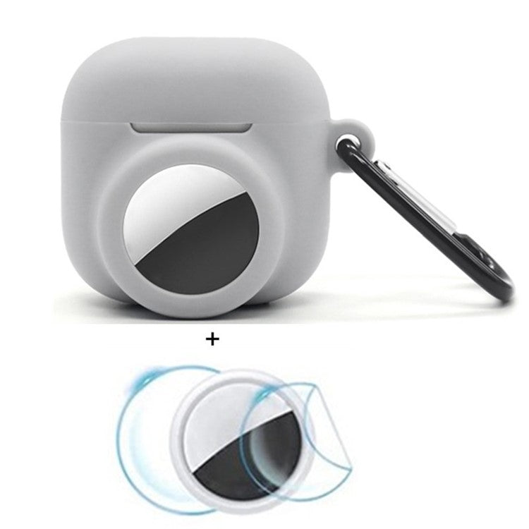 For Apple AirPods 4 / AirTag Silicone Case Earphone Tracker Cover with Carabiner, with Front Back Film Set - Grey
