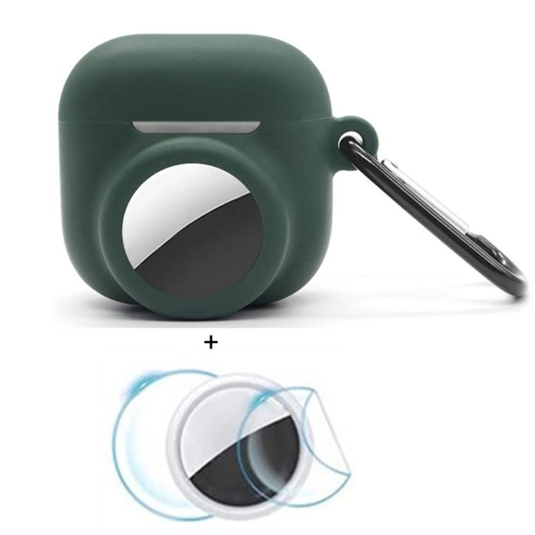 For Apple AirPods 4 / AirTag Silicone Case Earphone Tracker Cover with Carabiner, with Front Back Film Set - Blackish Green