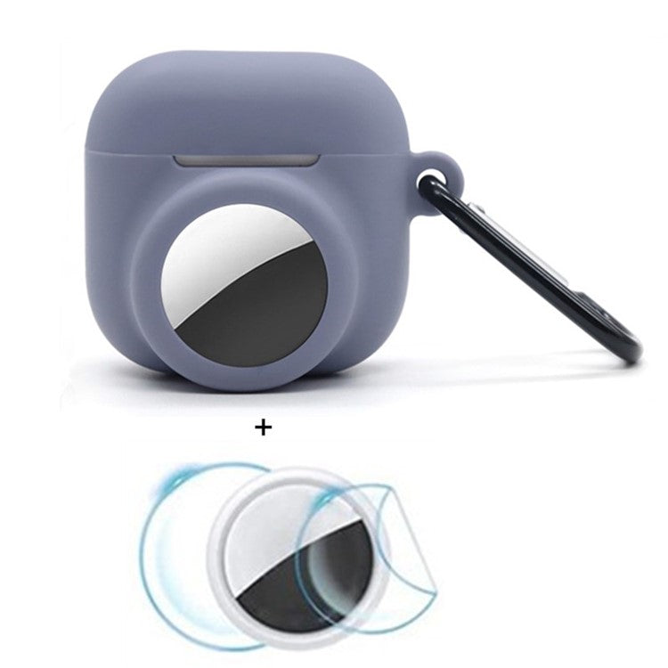 For Apple AirPods 4 / AirTag Silicone Case Earphone Tracker Cover with Carabiner, with Front Back Film Set - Lavender Purple
