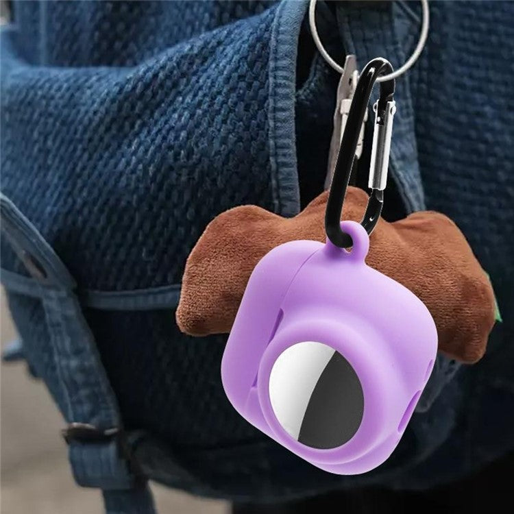 For Apple AirPods 4 / AirTag Silicone Case Earphone Tracker Cover with Carabiner, with Front Back Film Set - Lavender Purple