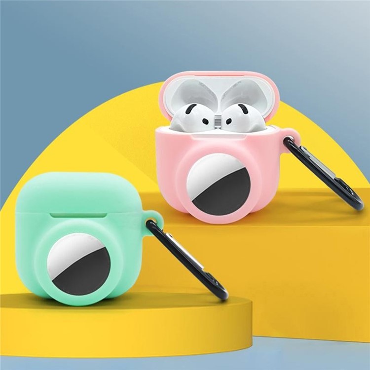 For Apple AirPods 4 / AirTag Silicone Case Earphone Tracker Cover with Carabiner, with Front Back Film Set - Luminous Pink