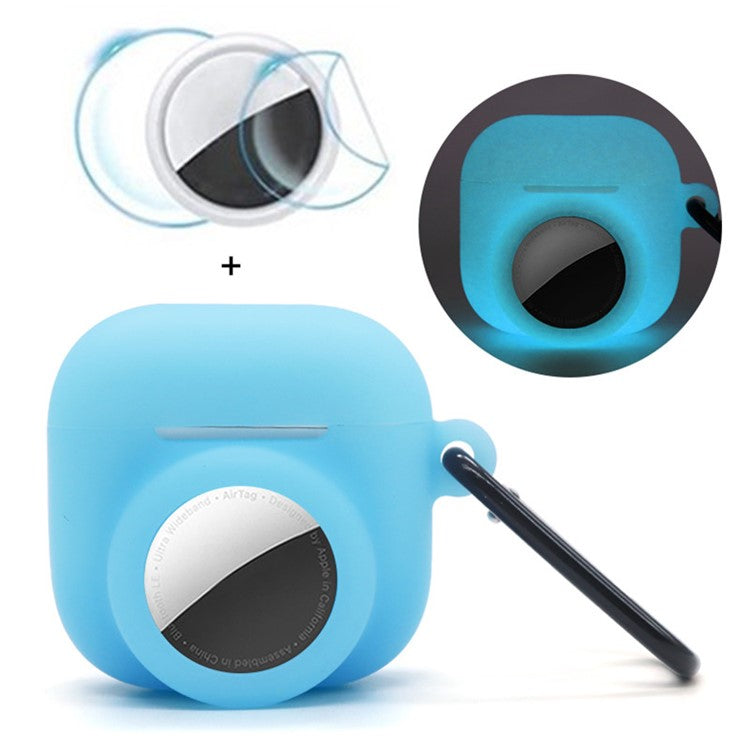For Apple AirPods 4 / AirTag Silicone Case Earphone Tracker Cover with Carabiner, with Front Back Film Set - Luminous Blue