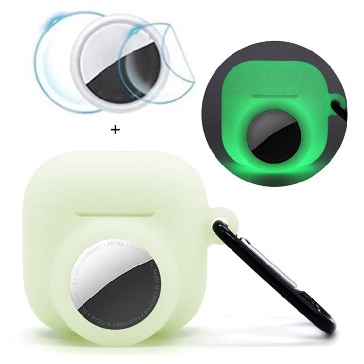 For Apple AirPods 4 / AirTag Silicone Case Earphone Tracker Cover with Carabiner, with Front Back Film Set - Luminous Green