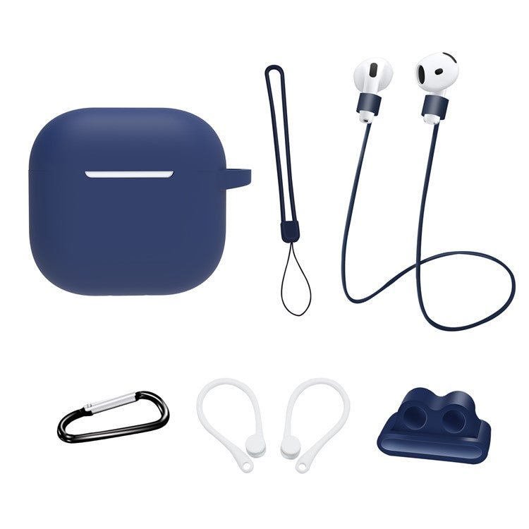 6 in 1 Headset Accessories for AirPods 4 Silicone Case + Carrying Strap + Earphone Holder + Ear Hooks + Neck Strap + Keychain - Midnight Blue