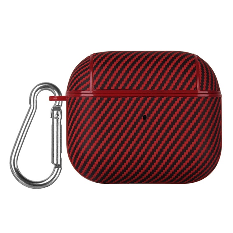 For Apple AirPods 3 Protective Cover Carbon Fiber Texture Earbuds PU Leather PC Hard Case with Hook - Red