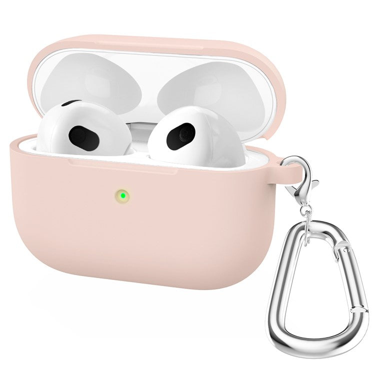 For Apple AirPods 3 Silicone Protective Earphone Case Cover with Carabiner - Light Pink