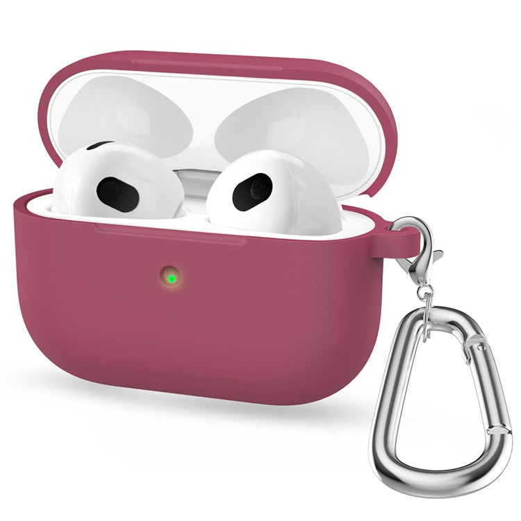 For Apple AirPods 3 Silicone Protective Earphone Case Cover with Carabiner - Rose Red
