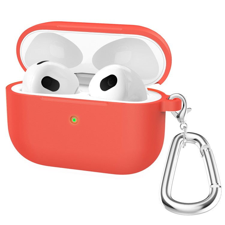 For Apple AirPods 3 Silicone Protective Earphone Case Cover with Carabiner - Red