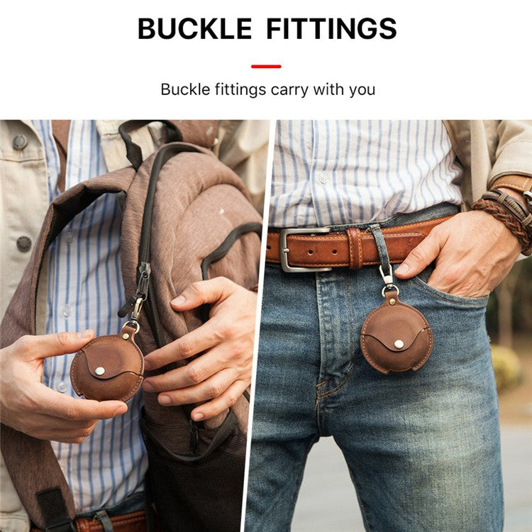 CONTACTS FAMILY Crazy Horse Texture Earphone Protective Genuine Leather Case with Hanging Buckle for Huawei FreeBuds 3 - Coffee