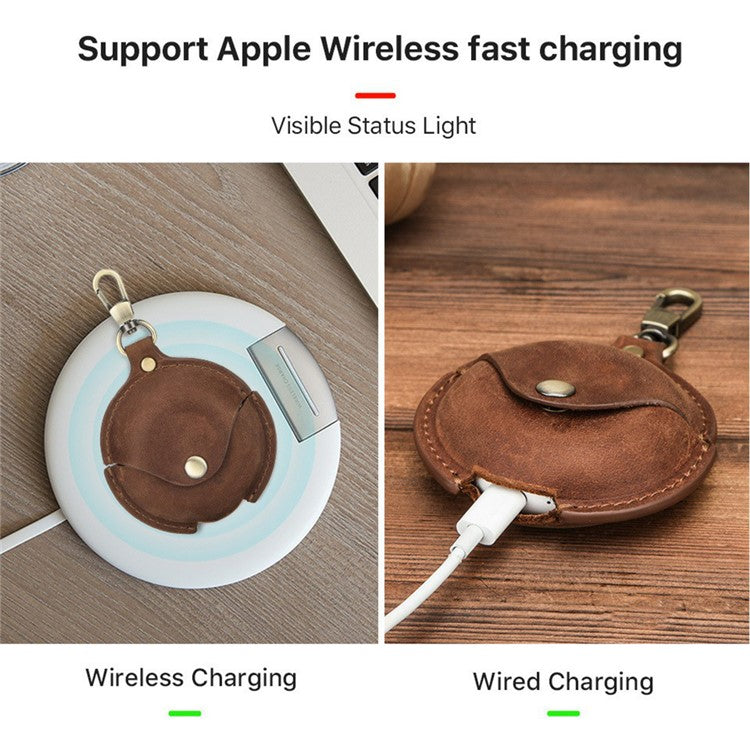 CONTACTS FAMILY Crazy Horse Texture Earphone Protective Genuine Leather Case with Hanging Buckle for Huawei FreeBuds 3 - Coffee