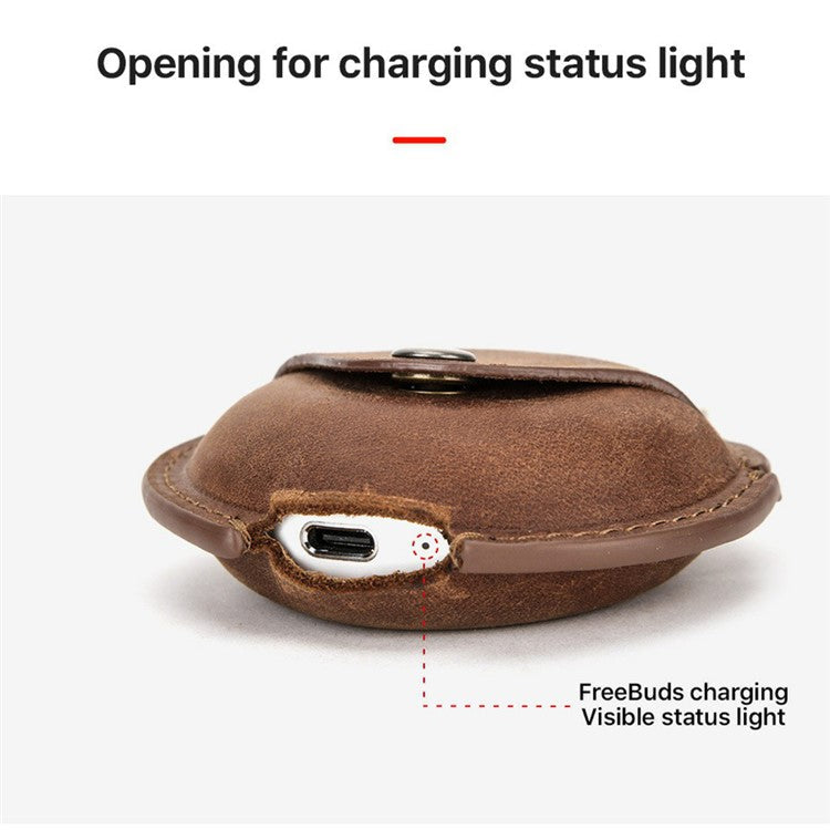 CONTACTS FAMILY Crazy Horse Texture Earphone Protective Genuine Leather Case with Hanging Buckle for Huawei FreeBuds 3 - Coffee