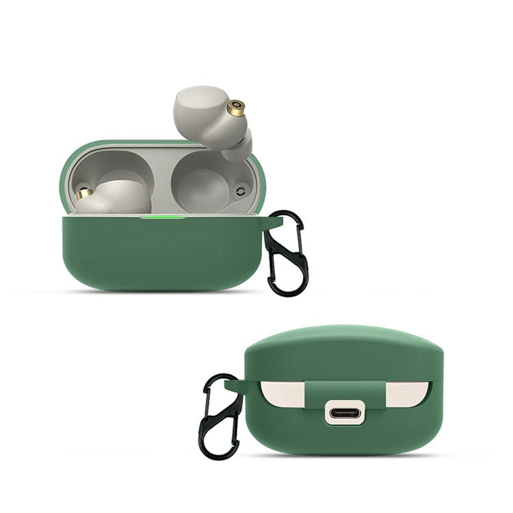 Earphone Soft Silicone Case for Sony WF-1000XM4, Earbuds Charging Box Protective Cover with Buckle - Blackish Green