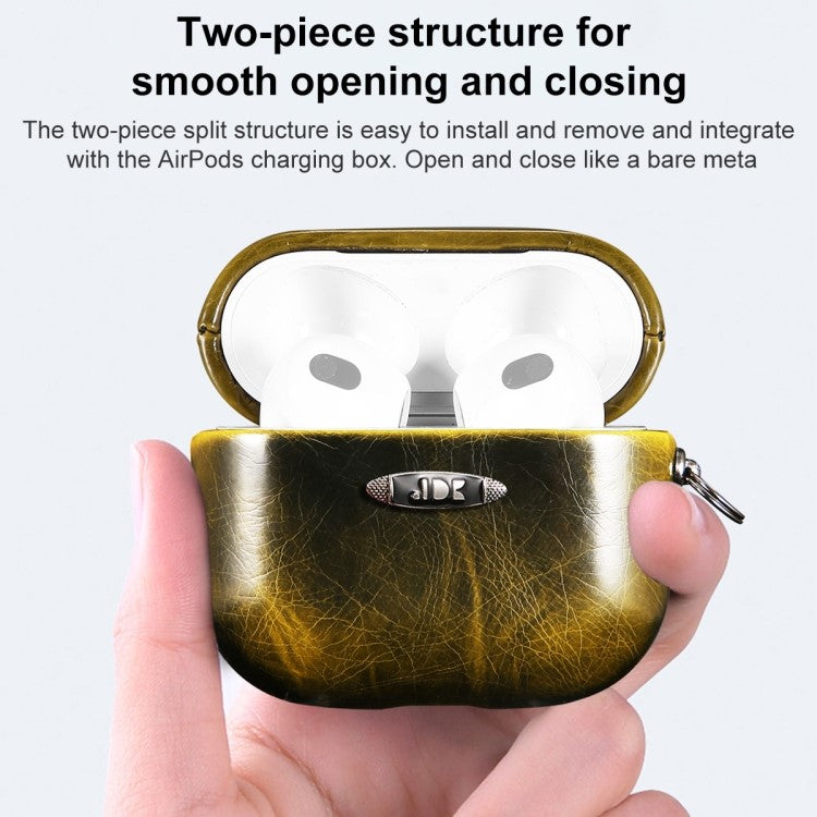 For Apple AirPods Pro Earphone Protective Case Waxy PU Leather Earbuds Charging Box Anti-scratch Cover with Hanging Buckle - Yellow
