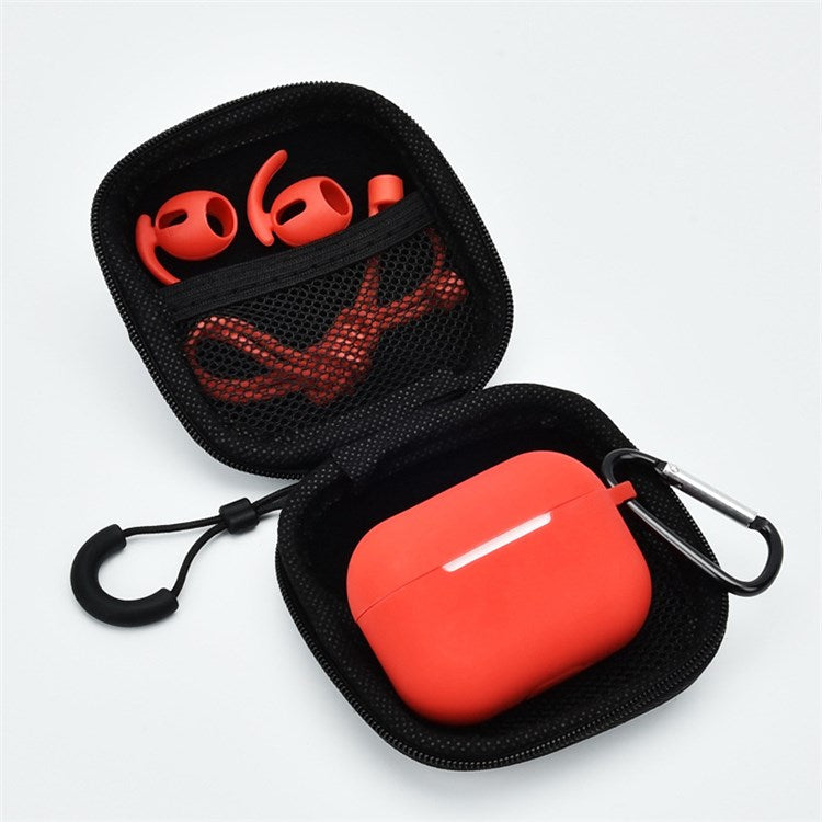 5Pcs/Set for Apple AirPods Pro Bluetooth Earphones Silicone Protective Case with Carabiner+Anti-lost Rope+Storage Case/Ear Cap - Black