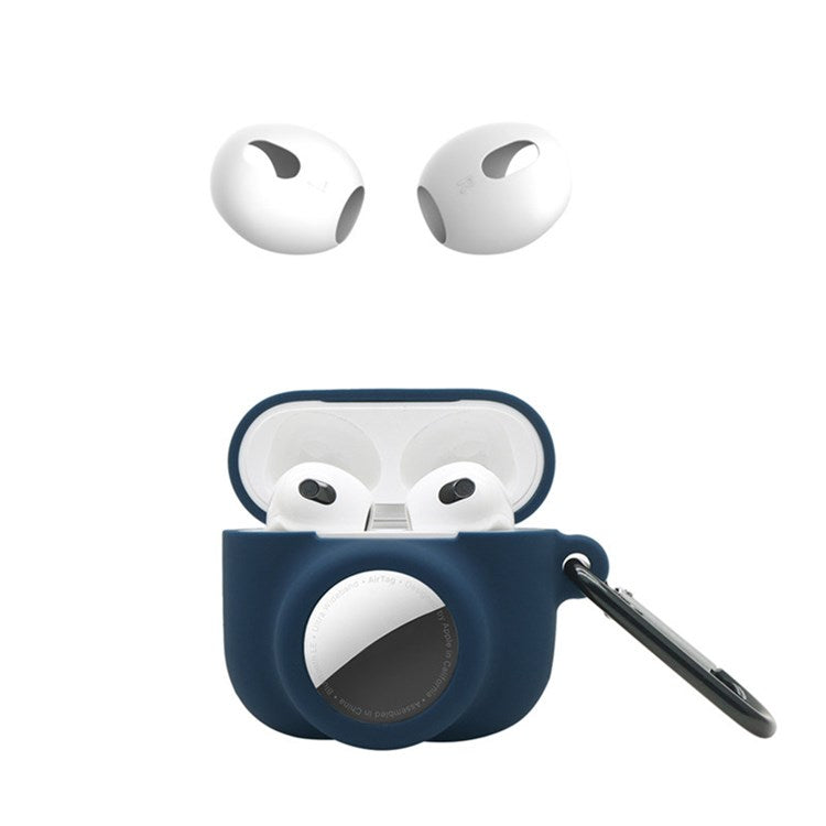For Apple AirPods 3 + for AirTag 2-in-1 Silicone Protective Cover Drop-proof Dust-proof Case with Carabiner and Ear Caps - Midnight Blue