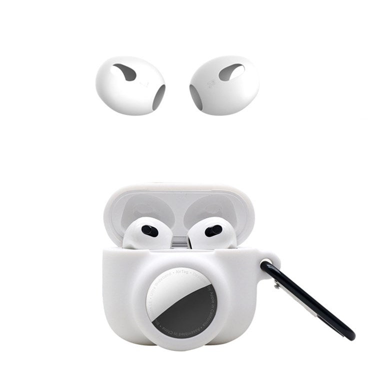 For Apple AirPods 3 + for AirTag 2-in-1 Silicone Protective Cover Drop-proof Dust-proof Case with Carabiner and Ear Caps - White