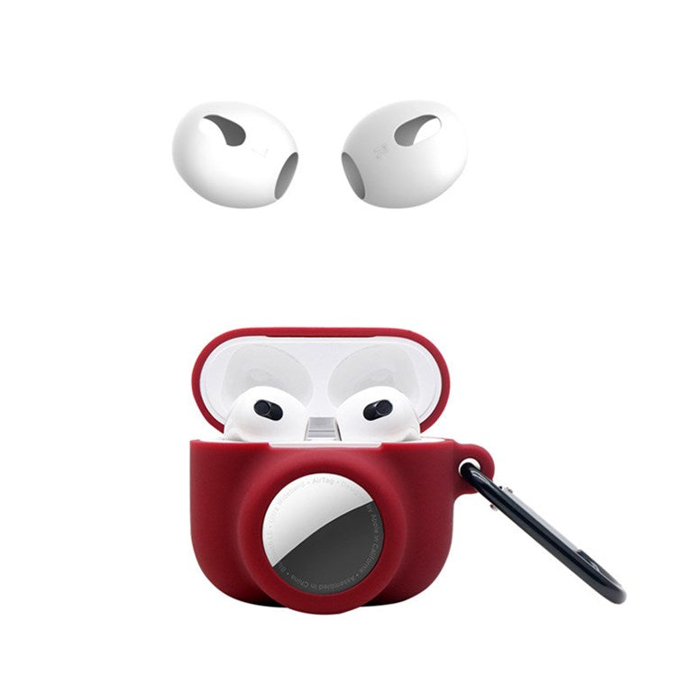 For Apple AirPods 3 + for AirTag 2-in-1 Silicone Protective Cover Drop-proof Dust-proof Case with Carabiner and Ear Caps - Wine Red