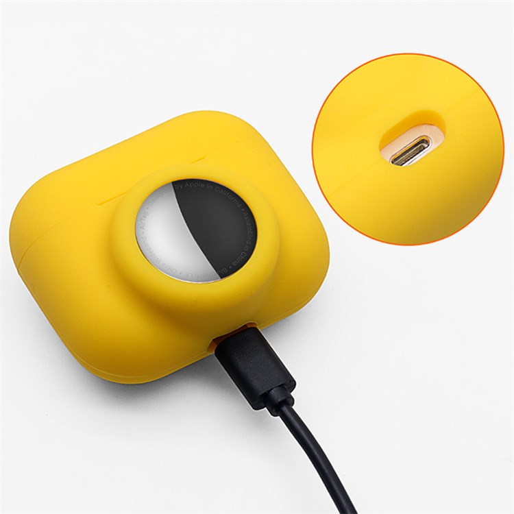 For Apple AirPods Pro + for AirTag 2-in-1 Silicone Protective Cover Anti-drop Case with Earphone Anti-lost Rope - Yellow/White Rope