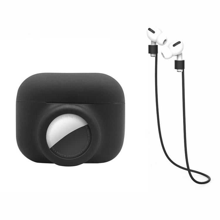 For Apple AirPods Pro + for AirTag 2-in-1 Silicone Protective Cover Anti-drop Case with Earphone Anti-lost Rope - Black