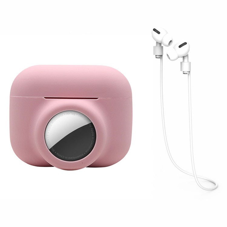 For Apple AirPods Pro + for AirTag 2-in-1 Silicone Protective Cover Anti-drop Case with Earphone Anti-lost Rope - Pink/White Rope