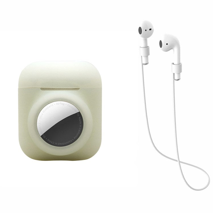 For AirPods with Wireless Charging Case (2019)/AirPods with Charging Case (2019)/(2016) + for AirTag 2-in-1 Silicone Protective Cover Case with Earphone Anti-lost Rope - Luminous Green/White Rope