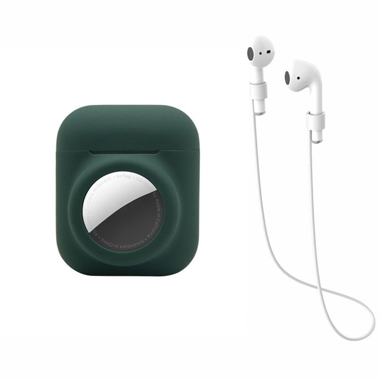 For AirPods with Wireless Charging Case (2019)/AirPods with Charging Case (2019)/(2016) + for AirTag 2-in-1 Silicone Protective Cover Case with Earphone Anti-lost Rope - Blackish Green/White Rope