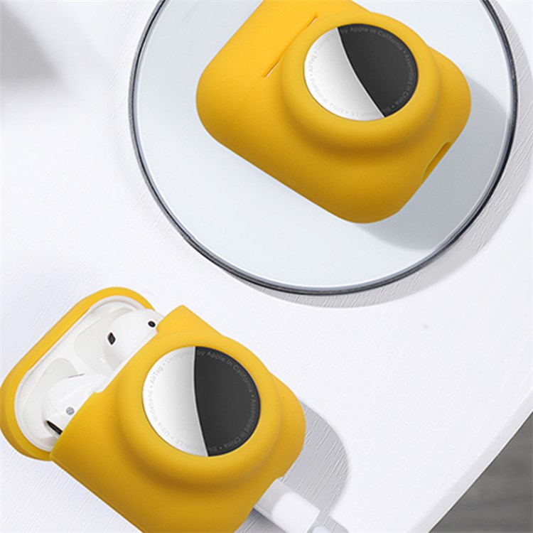 For AirPods with Wireless Charging Case (2019)/AirPods with Charging Case (2019)/(2016) + for AirTag 2-in-1 Silicone Protective Cover Case with Earphone Anti-lost Rope - Yellow/White Rope