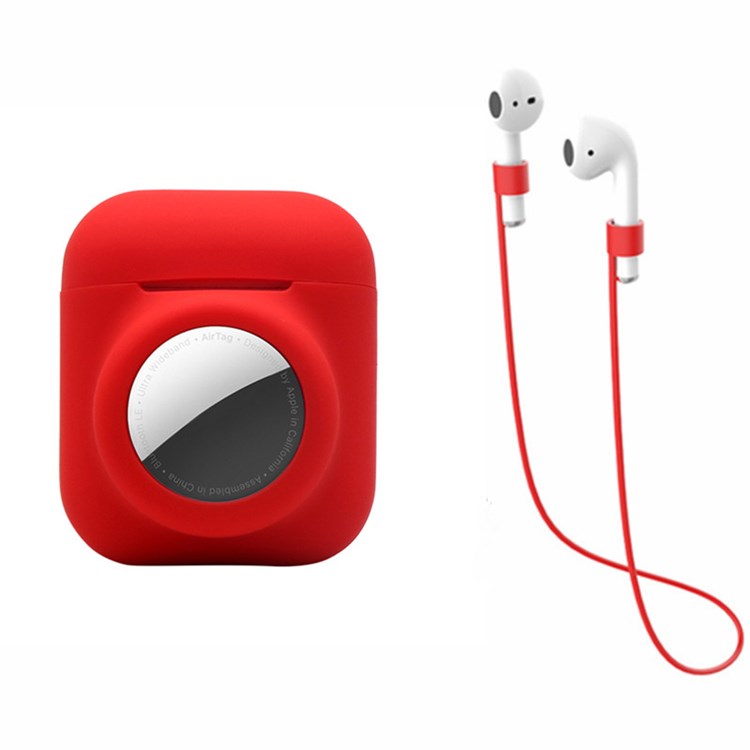 For AirPods with Wireless Charging Case (2019)/AirPods with Charging Case (2019)/(2016) + for AirTag 2-in-1 Silicone Protective Cover Case with Earphone Anti-lost Rope - Red