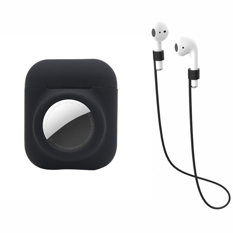 For AirPods with Wireless Charging Case (2019)/AirPods with Charging Case (2019)/(2016) + for AirTag 2-in-1 Silicone Protective Cover Case with Earphone Anti-lost Rope - Black