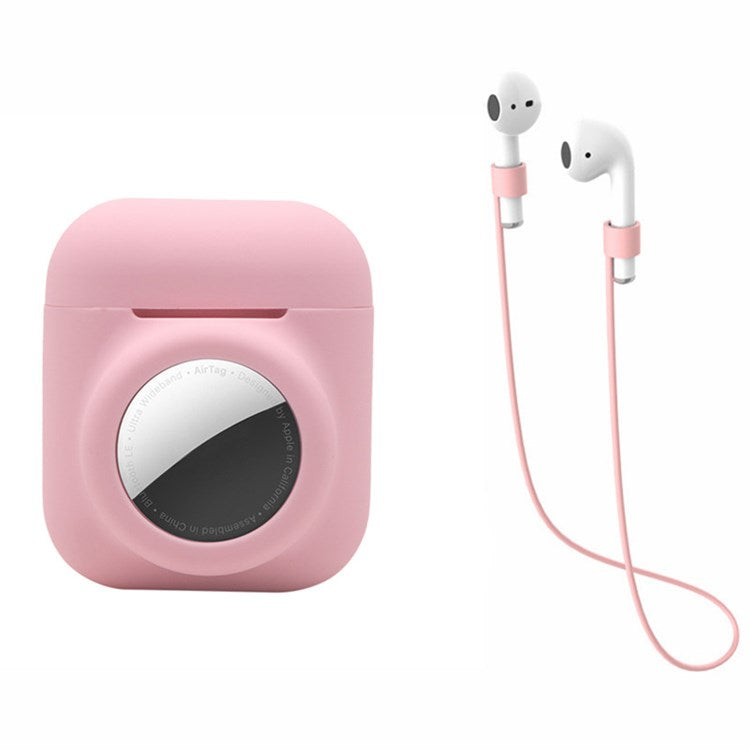 For AirPods with Wireless Charging Case (2019)/AirPods with Charging Case (2019)/(2016) + for AirTag 2-in-1 Silicone Protective Cover Case with Earphone Anti-lost Rope - Pink