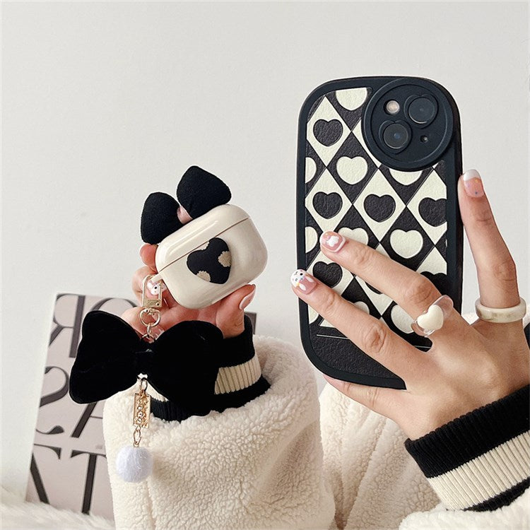 For Apple AirPods 3 Lovely Bow Decor Heart Pattern Earphone Case TPU Protective Cover with Plush Big Bow Pendant
