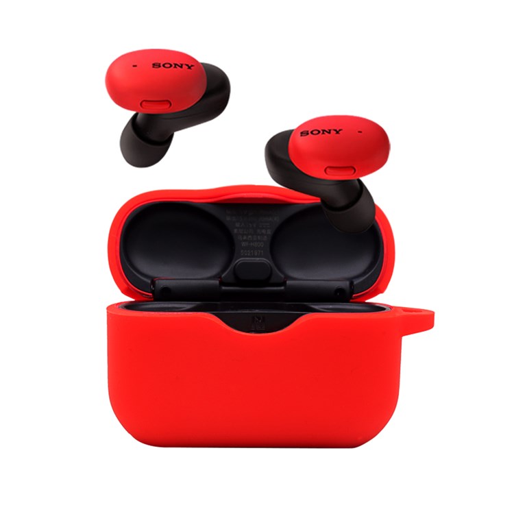 For Sony WF-H800 TWS Bluetooth Earphone Silicone Drop-proof Cover Case with Hanging Buckle - Red