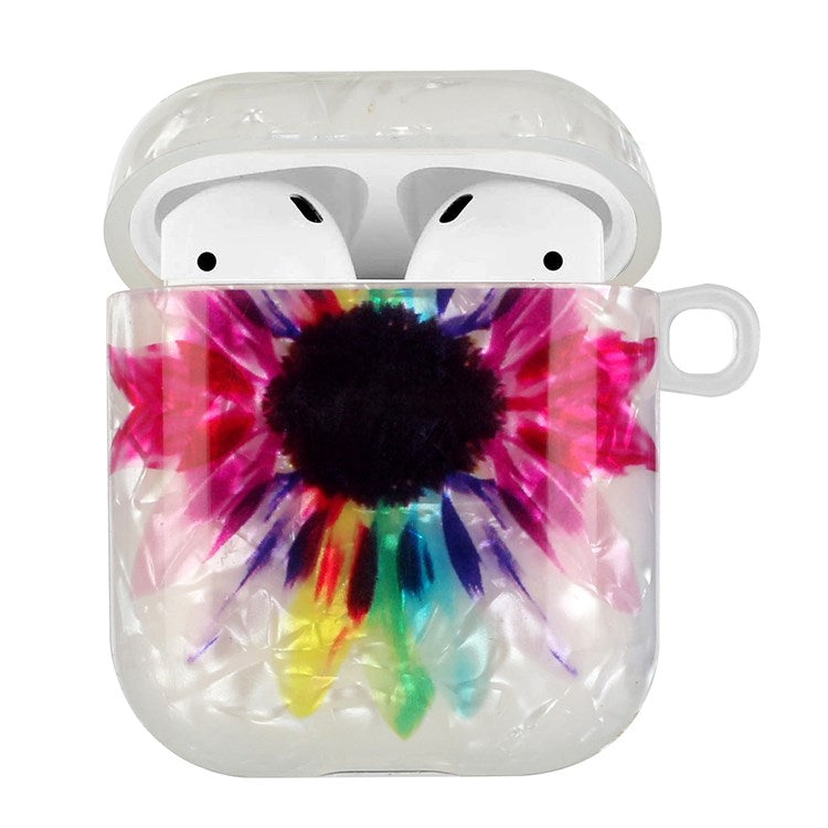 For Apple AirPods with Charging Case (2016)/(2019)/AirPods with Wireless Charging Case (2019) Stylish Shell Grain Pattern Printing IMD TPU Earphone Case Protector with Lanyard - Colorful Sunflower
