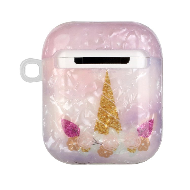 For Apple AirPods with Charging Case (2016)/(2019)/AirPods with Wireless Charging Case (2019) Stylish Shell Grain Pattern Printing IMD TPU Earphone Case Protector with Lanyard - Unicorn
