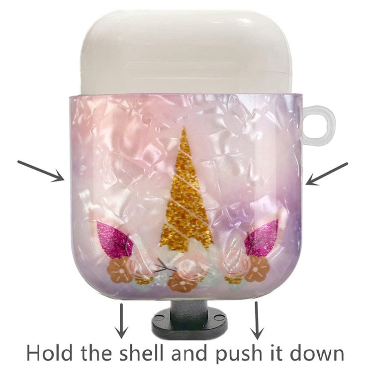 For Apple AirPods with Charging Case (2016)/(2019)/AirPods with Wireless Charging Case (2019) Stylish Shell Grain Pattern Printing IMD TPU Earphone Case Protector with Lanyard - Unicorn