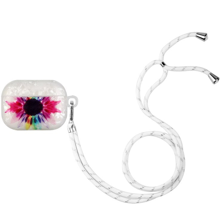 For Apple AirPods Pro Pattern Printing IMD Shell Grain TPU Earphone Case Anti-fall Charging Box Protector with Lanyard - Colorful Sunflower