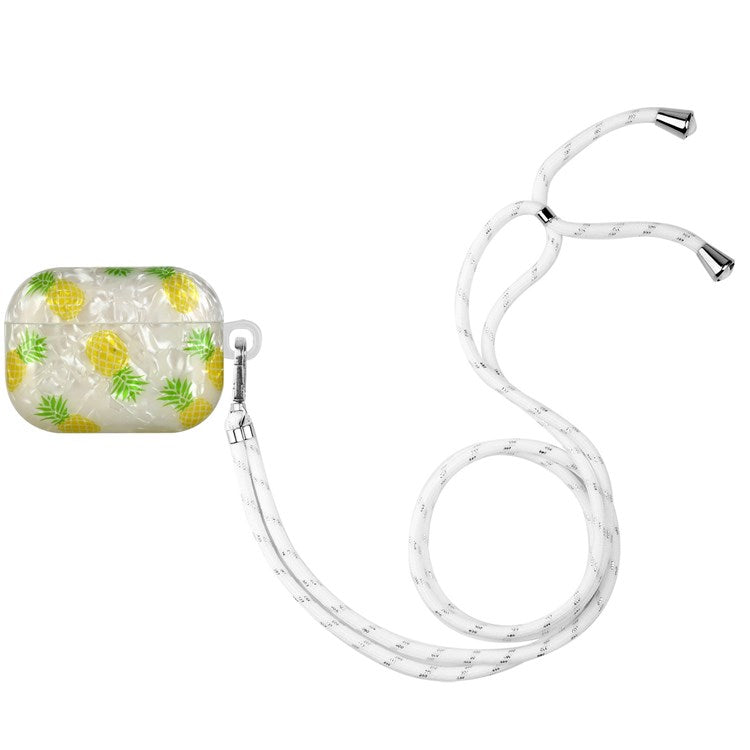 For Apple AirPods Pro Pattern Printing IMD Shell Grain TPU Earphone Case Anti-fall Charging Box Protector with Lanyard - Pineapple