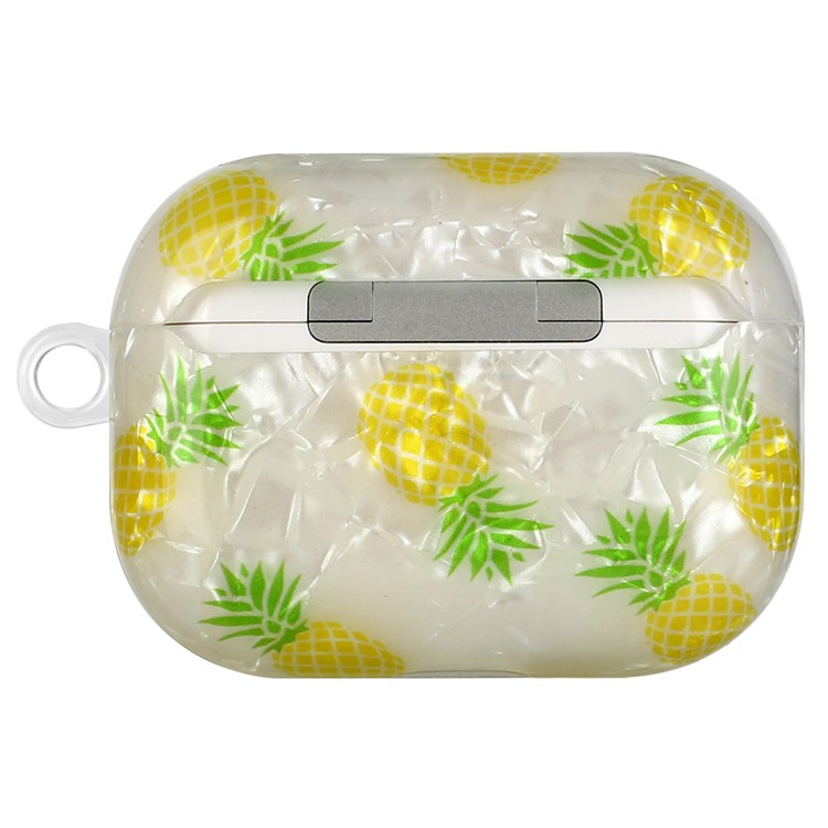 For Apple AirPods Pro Pattern Printing IMD Shell Grain TPU Earphone Case Anti-fall Charging Box Protector with Lanyard - Pineapple
