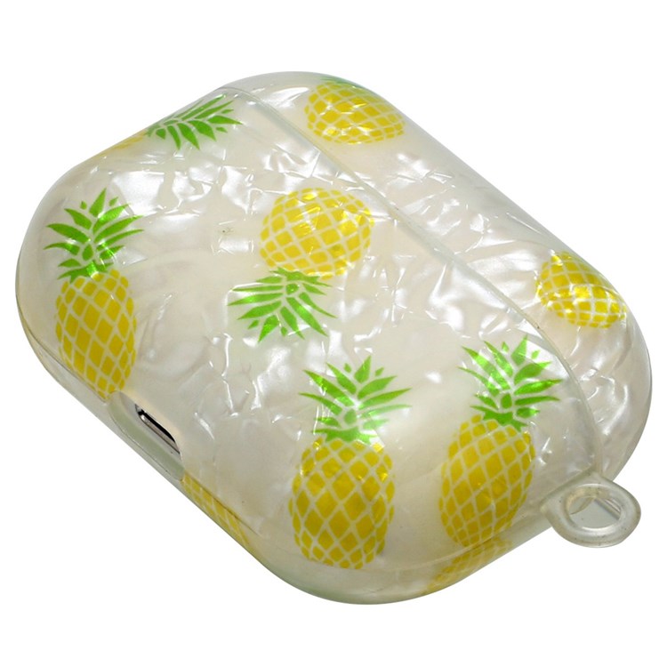 For Apple AirPods Pro Pattern Printing IMD Shell Grain TPU Earphone Case Anti-fall Charging Box Protector with Lanyard - Pineapple