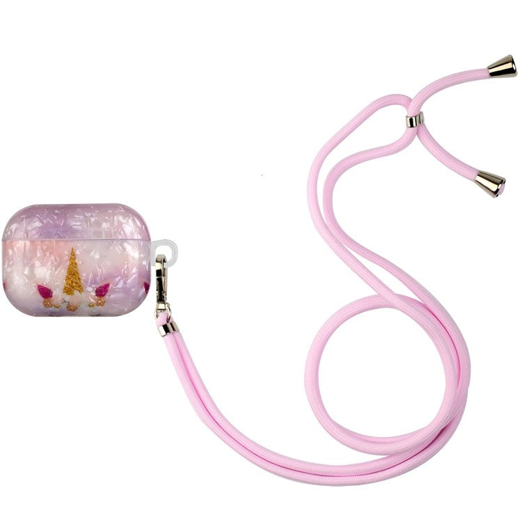 For Apple AirPods Pro Pattern Printing IMD Shell Grain TPU Earphone Case Anti-fall Charging Box Protector with Lanyard - Unicorn