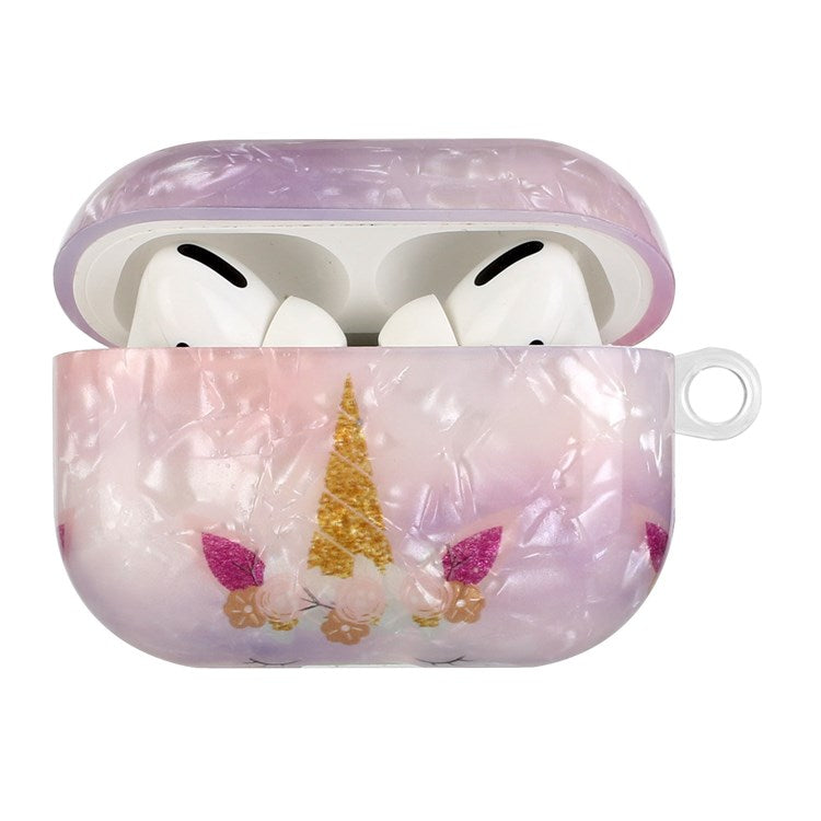 For Apple AirPods Pro Pattern Printing IMD Shell Grain TPU Earphone Case Anti-fall Charging Box Protector with Lanyard - Unicorn