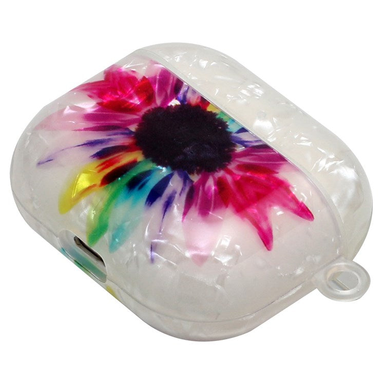 For Apple AirPods 3 Shell Grain Pattern Printing IMD TPU Earphone Case Anti-scratch Charging Box Protector with Lanyard - Colorful Sunflower