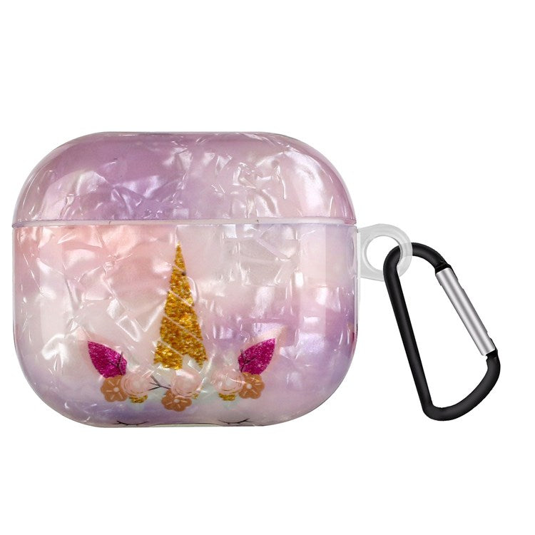 Anti-fall Earphone Case for Apple AirPods 3, Pattern Printed IMD Shell Grain TPU Cover Earbud Protector with Hook - Unicorn