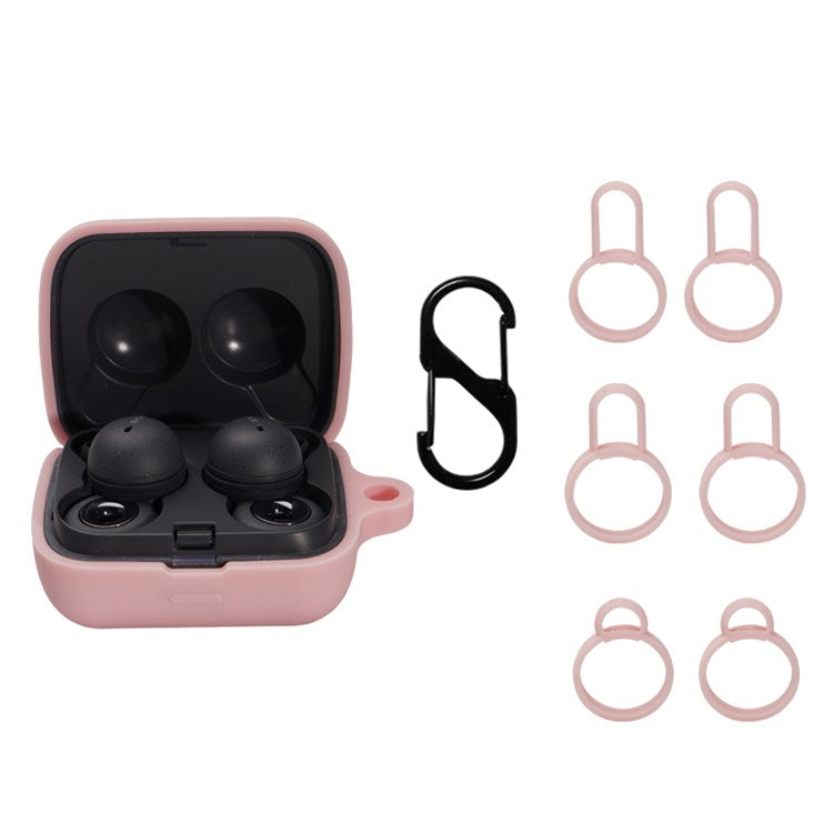 For Sony Linkbuds/WF-L900 Earphone Charging Case Silicone Protective Cover with 3 Sizes Ear Tips and Hanging Buckle - Pink